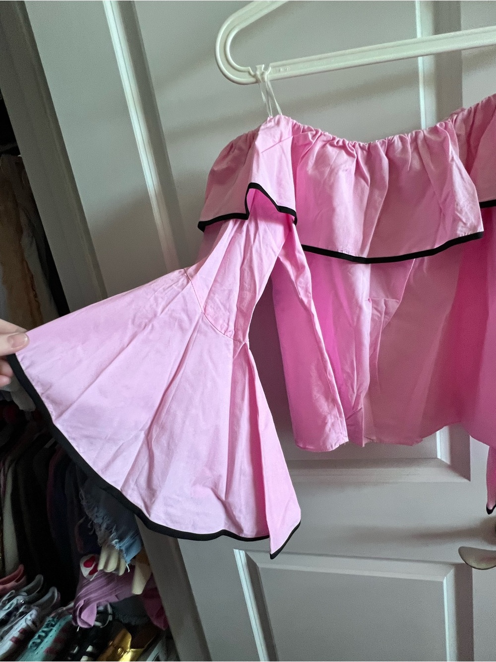 Zara Pink Off-Shoulder Ruffle Top with Black Trim